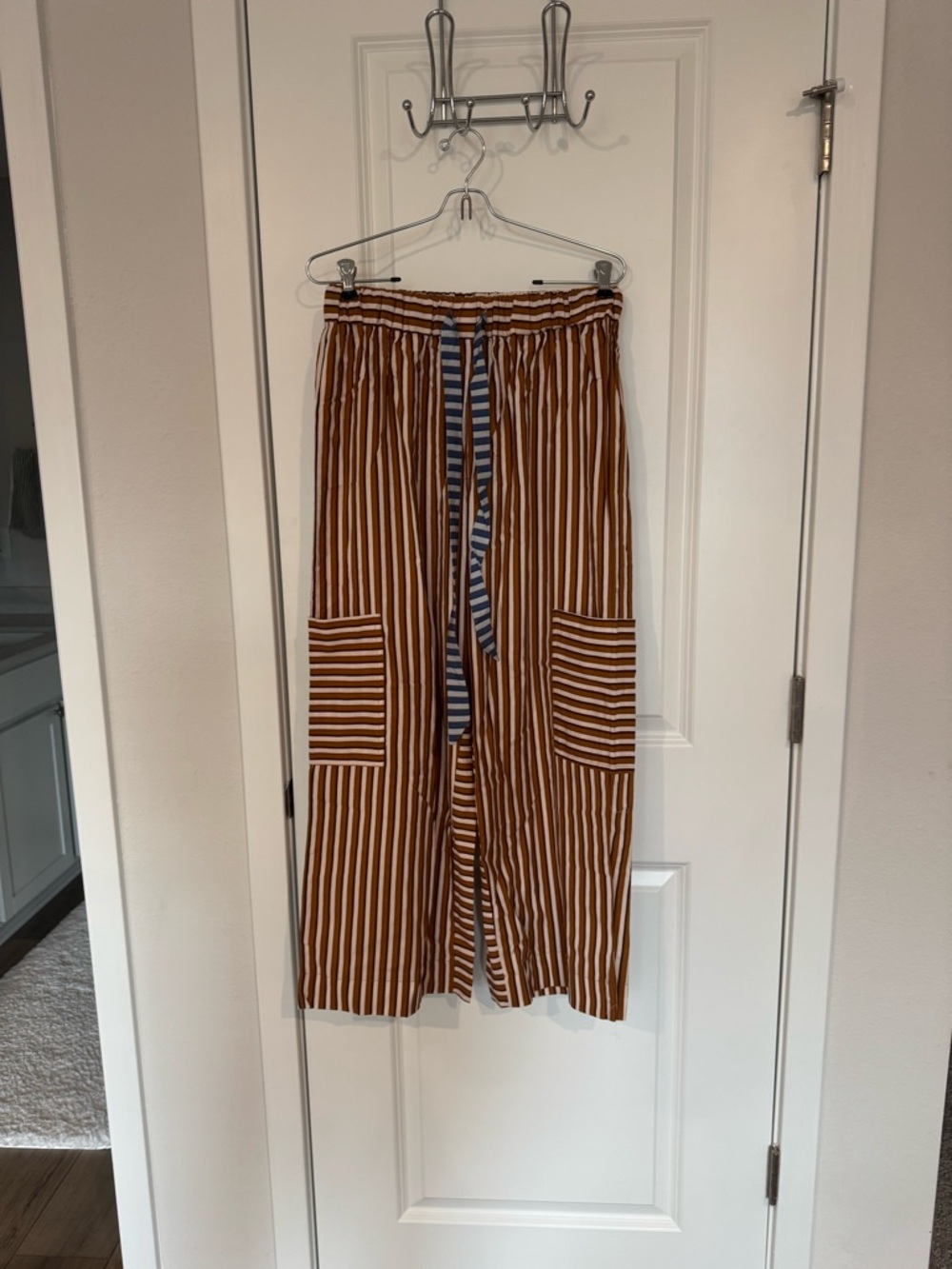 Striped Wide-Leg Drawstring Pants in Rust and White